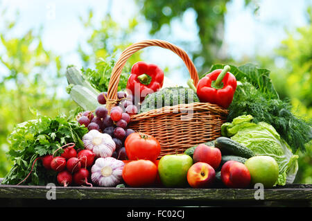 Fresh organic vegetables in wicker basket in the garden. Stock Photo