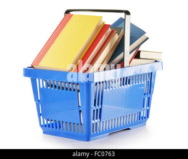 Plastic shopping basket with books isolated on white Stock Photo