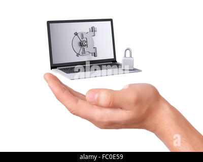 hand hold security Laptop. Data security concept. Stock Photo