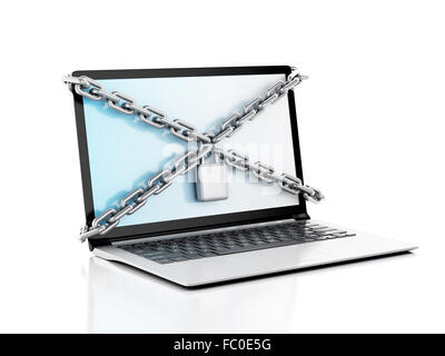 Laptop with lock and chain. Data security concept. Stock Photo