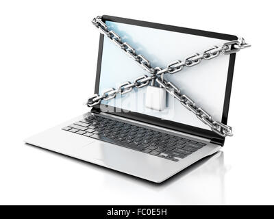 Laptop with lock and chain. Data security concept. Stock Photo