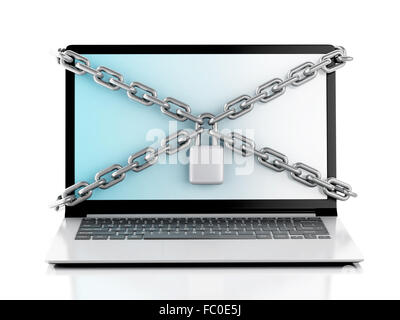 Laptop with lock and chain. Data security concept. Stock Photo