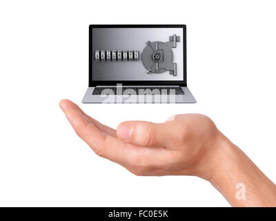 hand hold security Laptop. Data security concept. Stock Photo
