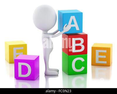 3d white people with ABC cubes on white background Stock Photo