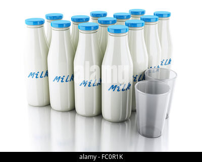 3d illustration. Milk bottles and glass on white b Stock Photo