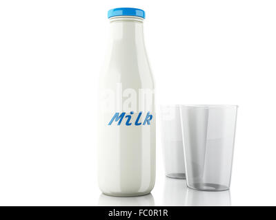 3d illustration. Milk bottles and glass on white b Stock Photo