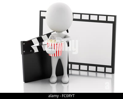 3d cinema clapper, film reel and popcorn — Stock Photo © 3Dmask