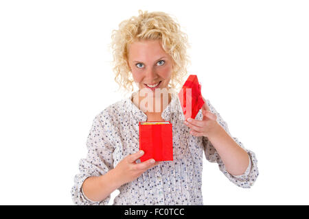 Young woman opening gift box Stock Photo