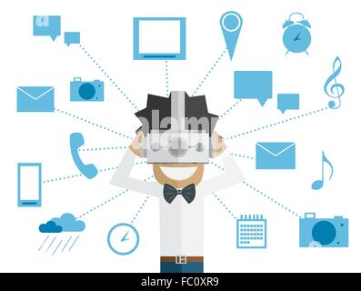 Man and head-mounted display. Vector illustration. Image in flat design style. Virtual Reality concept. Stock Vector