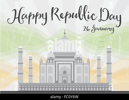 Happy Indian Republic Day celebration. Vector illustration. Concept with Taj Mahal and lines. Stock Vector