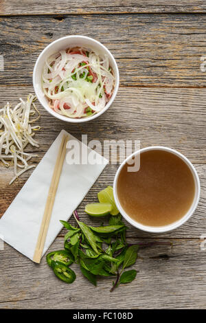 Pho Fast Food To Go on Wood Background Stock Photo