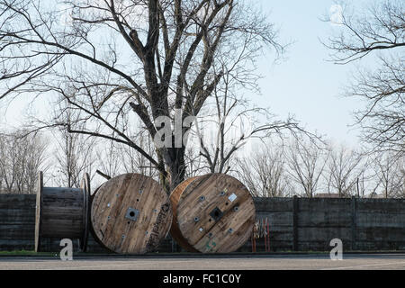 large wood spools for electric wire Stock Photo
