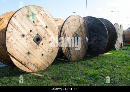 large wood spools for electric wire Stock Photo