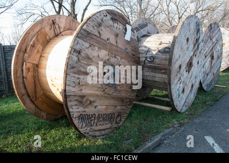 large wood spools for electric wire Stock Photo