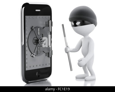 3d white people thief. Smartphone with safe door. Stock Photo
