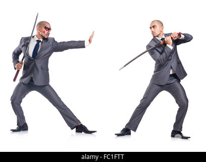 Two men figthing with the sword isolated on white Stock Photo