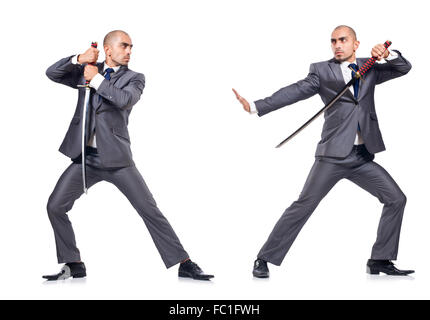 Two men figthing with the sword isolated on white Stock Photo