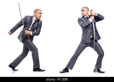 Two men figthing with the sword isolated on white Stock Photo