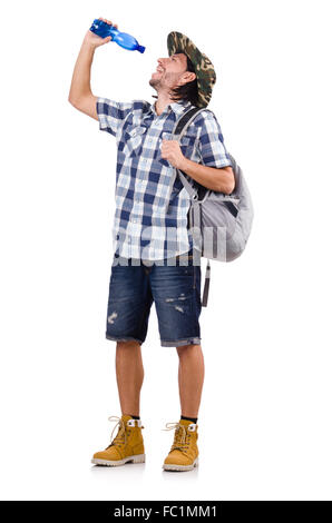 Young traveler with rucksack isolated on white Stock Photo