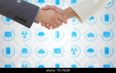 Composite image of shaking hands over eye glasses and diary after business meeting Stock Photo