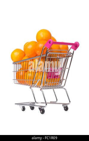 Supermarket trolley full of oranges isolated on white Stock Photo