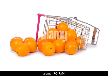 Supermarket trolley full of oranges isolated on white Stock Photo