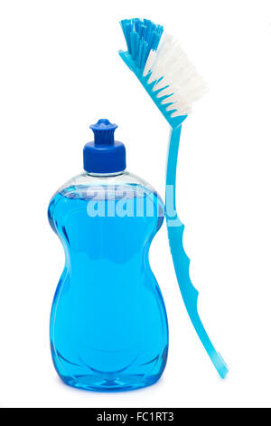 Blue dishwashing brush with liquid Stock Photo