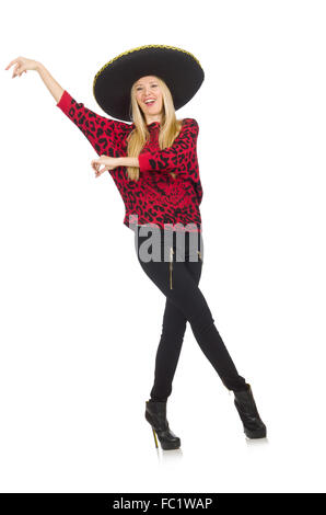 Funny mexican woman wearing sombrero isolated on white Stock Photo