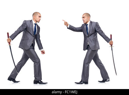 Two men figthing with the sword isolated on white Stock Photo