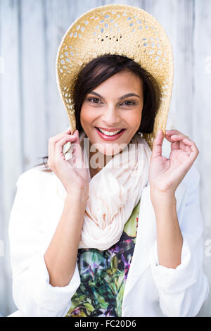 Smiling Beautiful Brunette Wearing Straw Hat And Sun Glasses Stock 