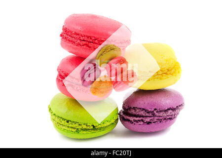 Delicious colorful fresh macaroons  with inner picture on white background Stock Photo