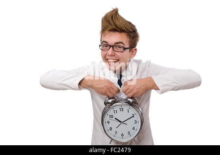 Funny doctor with alarm clock isolated on white Stock Photo