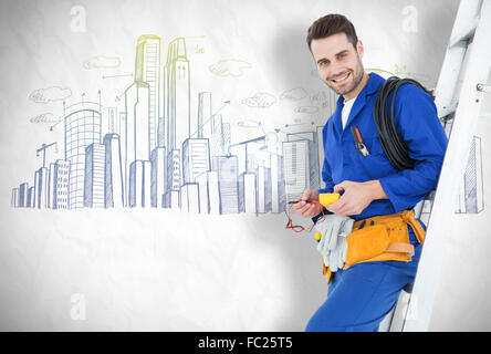 Composite image of happy construction worker leaning on ladder Stock Photo