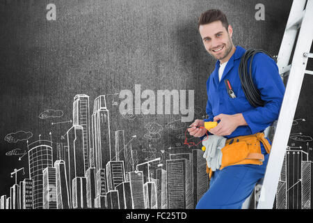 Composite image of happy construction worker leaning on ladder Stock Photo