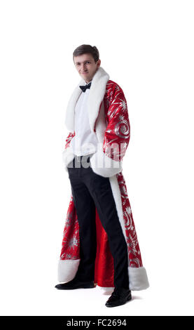 Elegant man posing in coat of Santa Claus Stock Photo