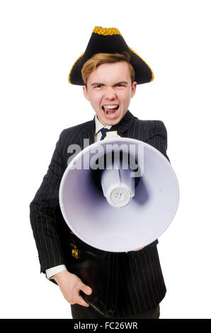 Young man in costume with pirate hat and megaphone isolated on w Stock Photo