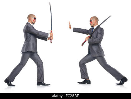 Two men figthing with the sword isolated on white Stock Photo