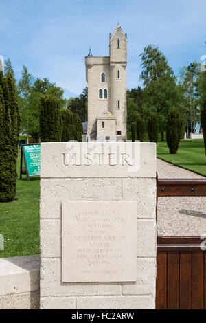 The Ulster Memorial Tower, Somme. France, showing descfiptive plaque on pillar. Stock Photo