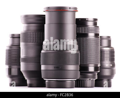 Composition with photo zoom lenses isolated on white background Stock Photo