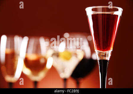 Glasses with assorted alcoholic beverages Stock Photo