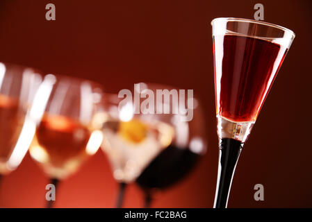 Glasses with assorted alcoholic beverages Stock Photo