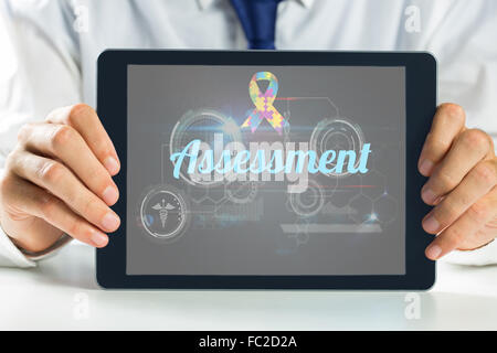 Assessment against medical biology interface in black Stock Photo