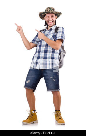 Young traveller with backpack pointing isolated on white Stock Photo