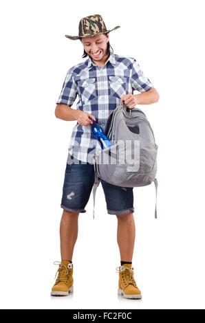 Young traveler with rucksack isolated on white Stock Photo