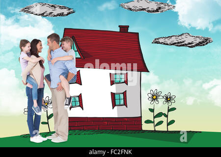 Composite image of side view of parents giving piggyback ride to children Stock Photo