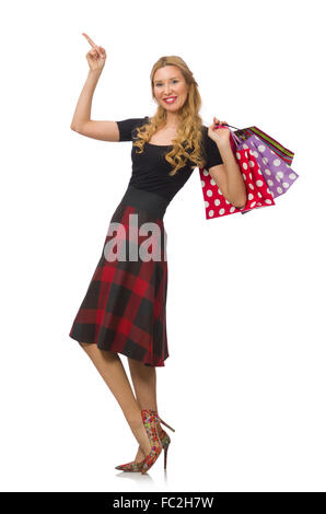 Beautiful young woman in plaid dress isolated on white Stock Photo