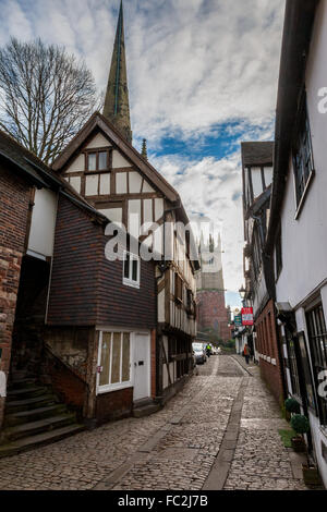 Fish Street, looking towards St Julian's Church, Shrewsbury, Shropshire, used in the 1984 film version of A Christmas Carol Stock Photo