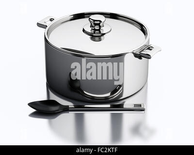 3d Kitchen utensils and metallic pan. Stock Photo