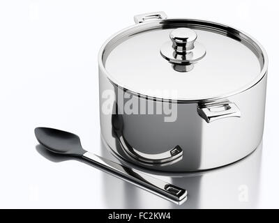 3d Kitchen utensils and metallic pan. Stock Photo