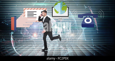 Composite image of businessman running on the phone Stock Photo